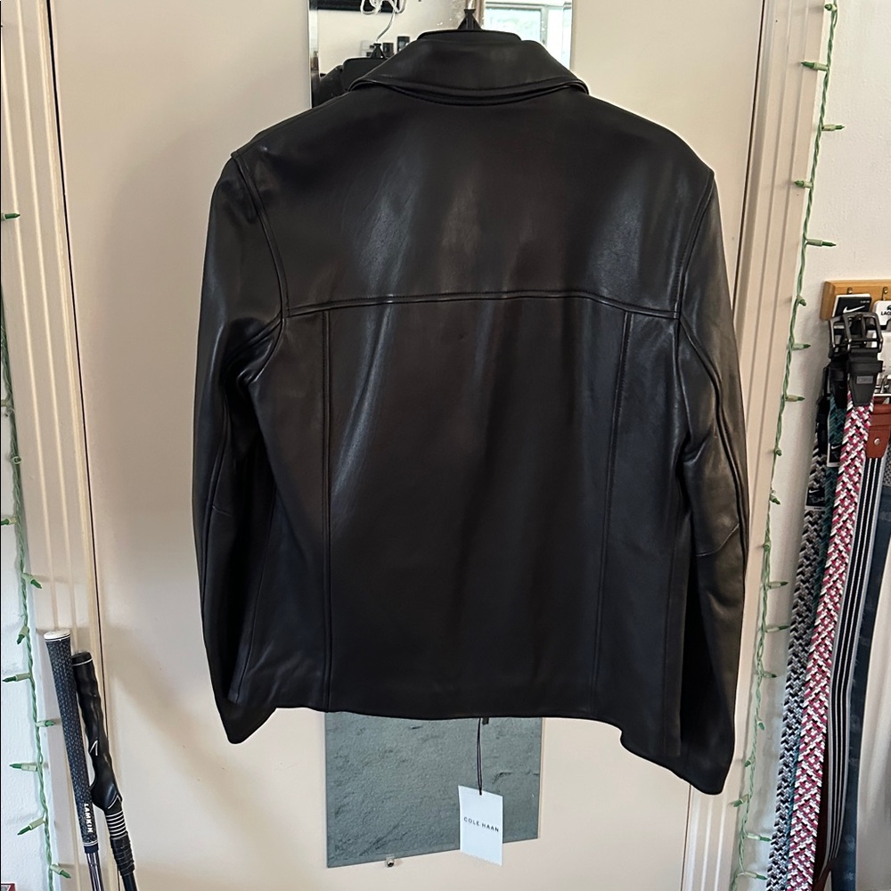 Cole Haan Black Leather Lambskin Sander Bomber Jacket Small New w Tags - Picture 2 of 6
